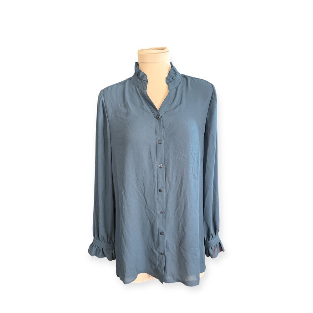 Susan Graver Womens XS Blue Button Down Long Sleeve Ruffle‎ Collar Shirt Blouse